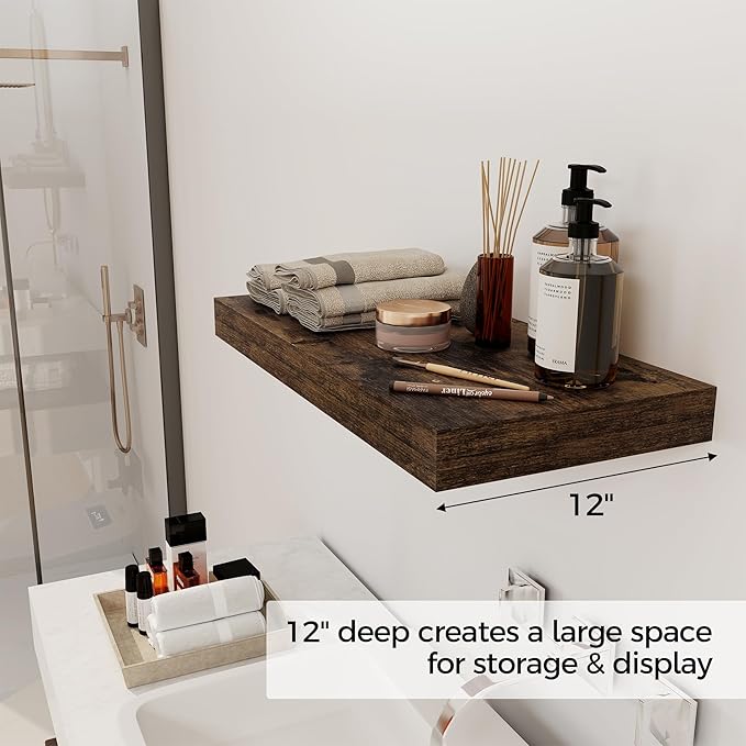 12 Inch Deep Floating Shelves, 24 x 12 Floating Shelf for Books, Rustic Wood Deep Wall Shelves for Home Storage & Display, 2
