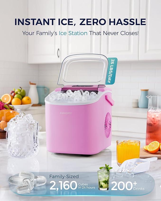 EUHOMY Countertop Ice Maker Machine with Handle, 26lbs in 24Hrs, 9 Ice Cubes Ready in 6 Mins, Auto-Cleaning Portable Ice Maker with Basket and Scoop, for Home/Kitchen/Camping/RV. (Pink)