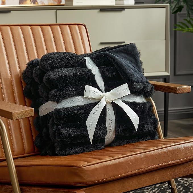 Cozy Bliss Faux Fur Throw Blanket for Couch, Cozy Warm Plush Striped Blanket for Sofa Bedroom Living Room,50 * 60 Inches Black