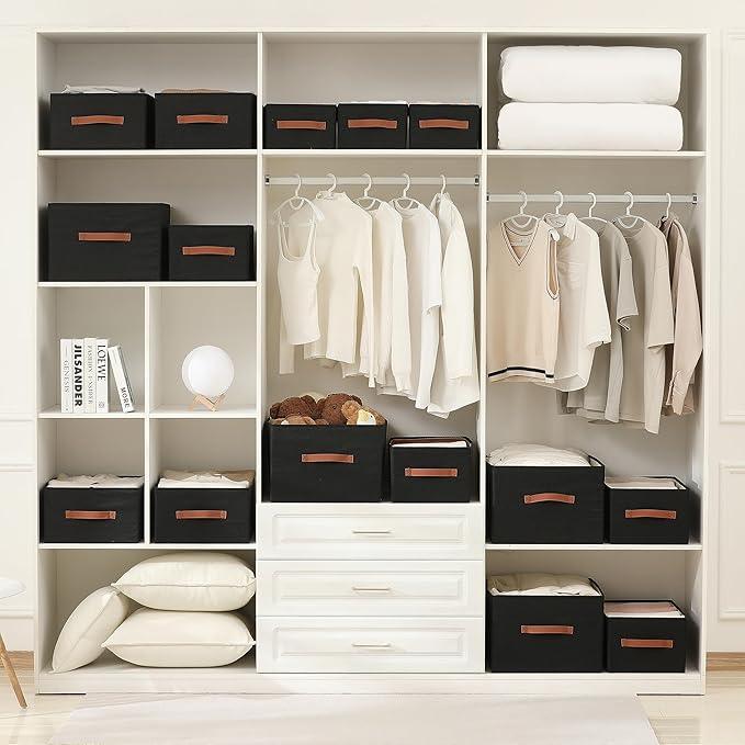linen closet organizers and storage, 3 Pack Large Storage Baskets, Washable, Clothing Storage Bins with Handle, Closet Organizer for Storage Sweater,Sheets (Black, 18½
