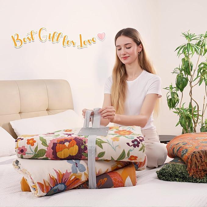 Boho Throw Blanket, 100% Organic Muslin Cotton Breathable Ultra Soft Bed Quilt Throw - All Season Floral Bird Butterfly Farmhouse Decor Blanket for Sofa Couch Chair and Gift. 50