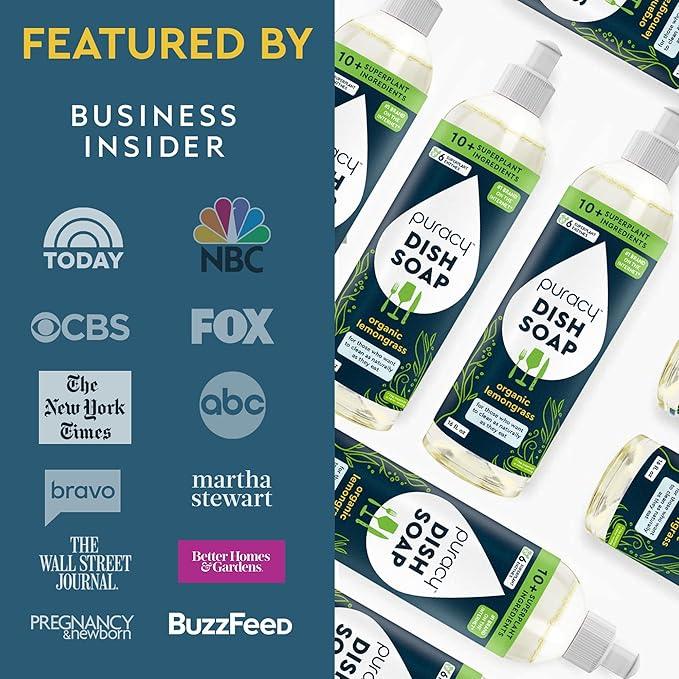 Puracy Natural Dish Soap Packs - Skin-Softening Plant-Based Dishwashing Soap, Non-Toxic Dish Soap, Organic Liquid Dishwashing Detergent Soap (Organic Lemongrass, 16 fl oz, 3 Pack)