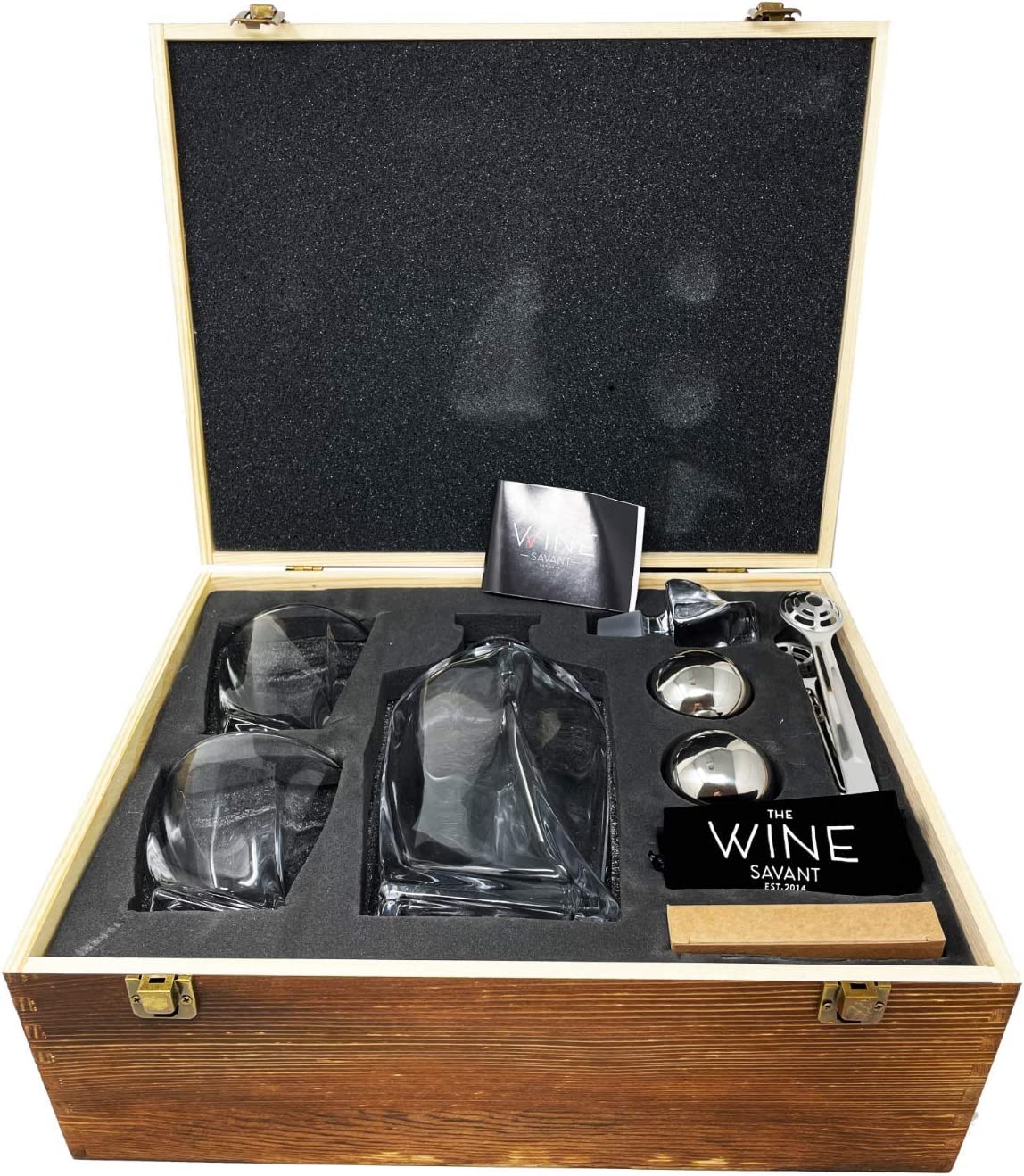 Whiskey Stones & Decanter Gift Set for Men & Women, By The Wine Savant, 2 XL Stainless Steel Whiskey Balls, 2 Twist Glasses, Whiskey Decanter, 2 Coasters, Freezer Pouch & Special Tongs in Pinewood Box