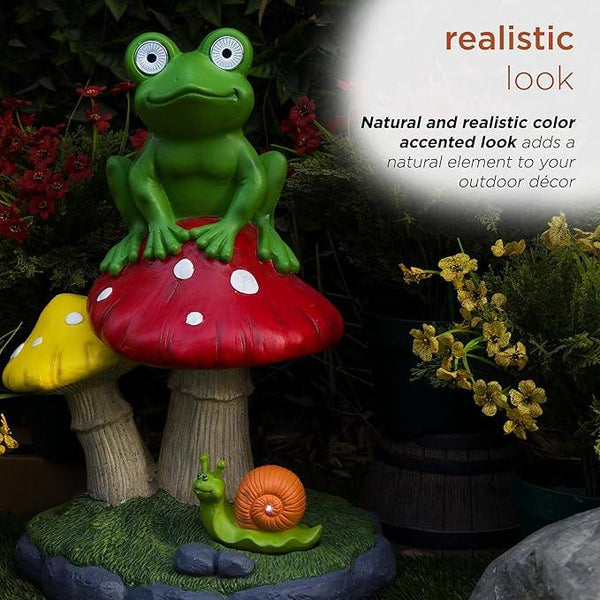 Alpine Corporation ZEN390SLR-L Frog on Mushroom Statue with LED Lights, Solar-Powered LED Frog Garden Statue, 24