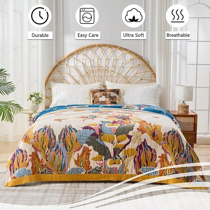 100% Muslin Throw Blanket for Couch, Butterfly and Floral Double Embroidery Summer Throw Blanket 60