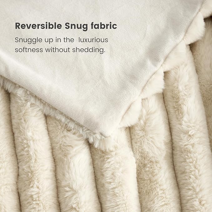 Cozy Bliss Faux Fur Throw Blanket for Couch, Cozy Warm Plush Striped Blanket for Sofa Bedroom Living Room,50 * 60 Inches Beige
