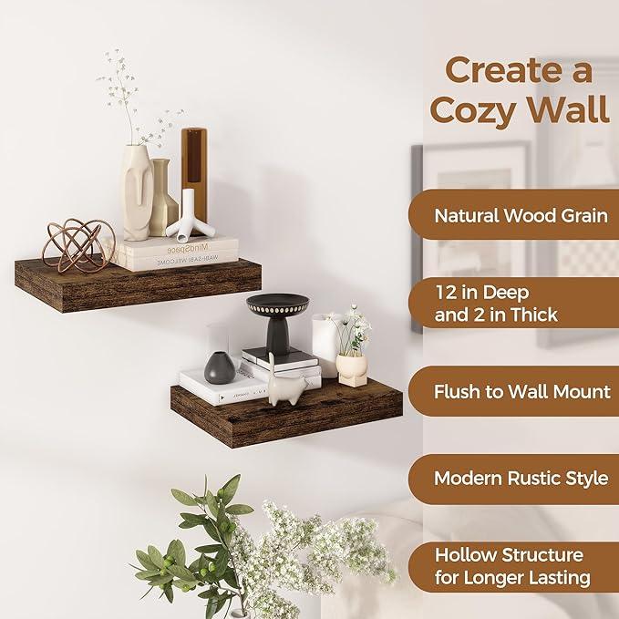 12 Inch Deep Floating Shelves, 16 x 12 Floating Shelf for Books, Rustic Wood Deep Wall Shelves for Home Storage & Display, 2
