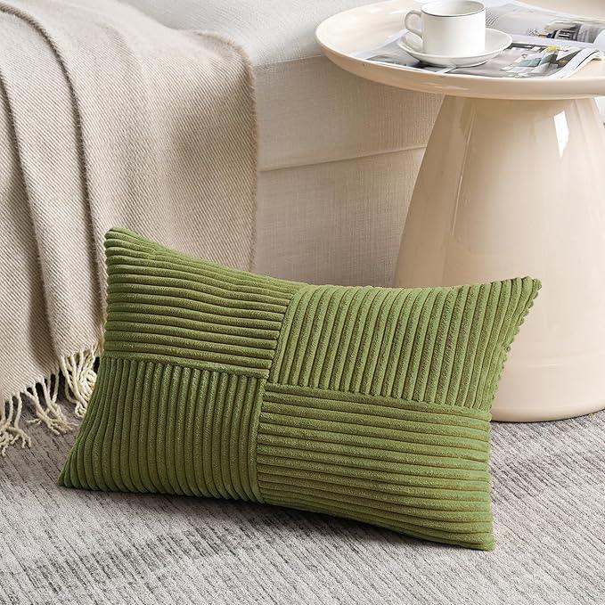 Fancy Homi 2 Packs Moss Green Lumbar Decorative Throw Pillow Covers 14x24 Inch for Couch Bed, Rustic Farmhouse Boho Home Decor, Soft Striped Corduroy Rectangle Accent Cushion Case 35x60 cm