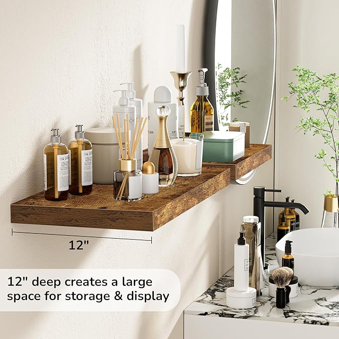 Fun Memories Floating Shelves - 2 Pack 12 Inch Deep Rustic Wooden Wall Shelves - Extra Deeper & Thicker Wall Mounted Storage Shelf for Living Room, Kitchen, Farmhouse - 16