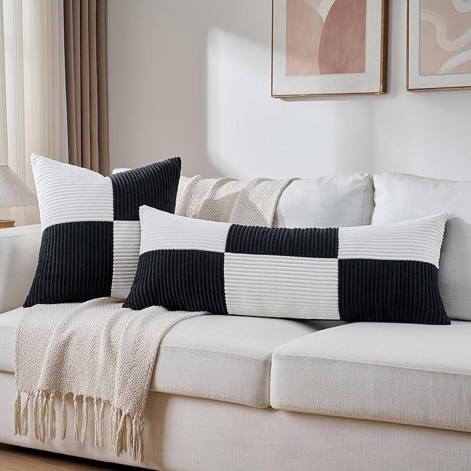 Fancy Homi Set of 2 Black White Samll Decorative Throw Pillow Covers 18x18 Inch with for Couch Bed Sofa Living Room, Soft Cross Patchwork Striped Corduroy Modern Square Cushion Case 45x45 cm
