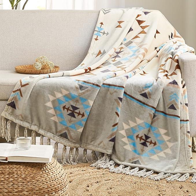 CASAAGUSTO Boho Throw Blanket - Green and Beige Decorative Blankets with Tassel, Printed Flannel Bohemian Blanket for Chair, Bed, Sofa, Couch(50 * 60, Green and Beige)