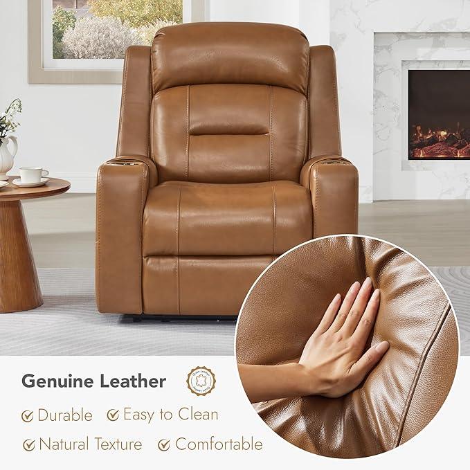 Watson & Whitely Genuine Leather Power Recliner Chairs for Adults, Lay Flat Recliner with Power Headrest, USB Ports and Cup Holders, Electric Reclining Sofa for Living Room, Bedroom, Saddle Brown