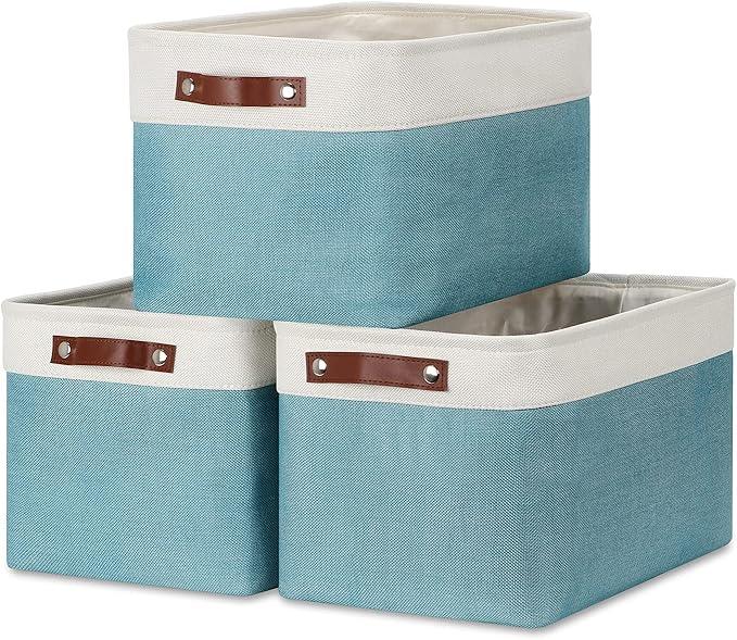 DULLEMELO Storage Baskets for Shelves, Fabric Collapsible Rectangular Storage Bins for Shelves, Closets, Nursery, Home, Empty Gift Baskets (3-Pack Medium-15 inch X 11 inch X 9.5 inch , White&Teal)