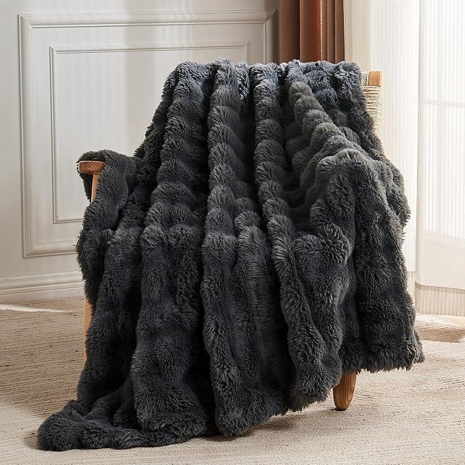 Lotus Karen Faux Fur Blanket Dark Gray Twin Size - Big Bubble Rabbit Fluff Throws for Couch Small Fluffy Fuzzy Cozy Thick Furry Plush Shaggy Blankets 60x80 Inches