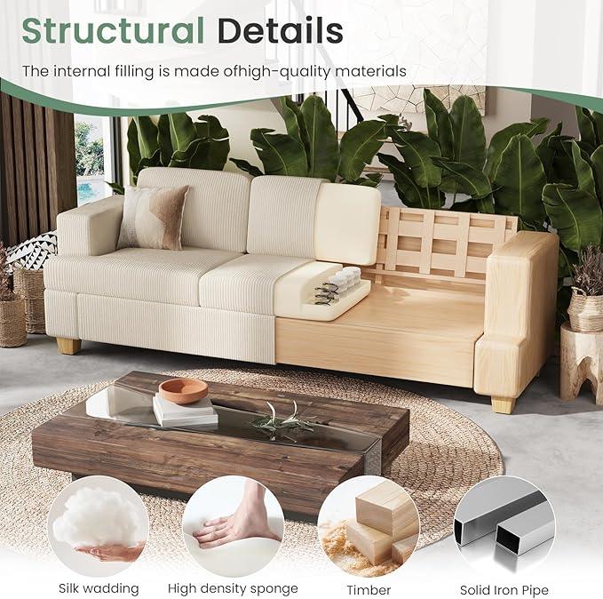 3 Pieces Corduroy Couch Set for Living Room, 3 Seater*2 & Loveseat Cloud Sofa, Deep Seat Floor Couch for Bedroom, Futon Modern Sofa Bed, White Corduroy