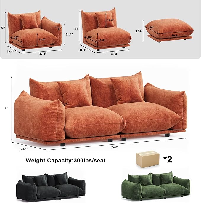 Modern Minimalist Chenille Modular Sectional Sofa, Oversized Couch and Loveseat Set with Thick Cushions, Upholstered Sofa for Small Spaces, Living Room, Bedroom, Office, Apartment(Orange,75