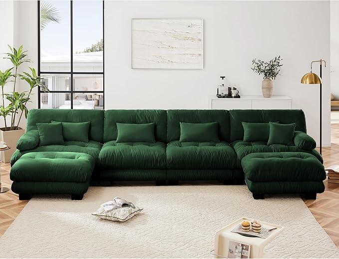Modular Sectional Sofa, Comfy Cloud Couch 4 Seater Couch with Ottoman, Sectional Couches for Living Room, Modern Chenille U Shaped Couches, Sleeper Deep Seat Sofa with Throw Pillows, Green