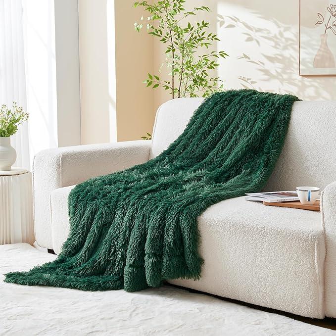 GONAAP Fuzzy Faux Fur Throw Blanket Twin Size Dark Green Super Soft Cozy Plush Fuzzy Shaggy Blanket for Couch Sofa Bed (Dark Green, Twin(60