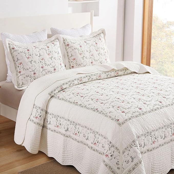 MarCielo 3-Piece 100% Cotton Oversized Bedspread Lightweight Quilt Coverlet Embroidery Farmhouse Bedding Set (TC Soft White,Oversized Queen (100