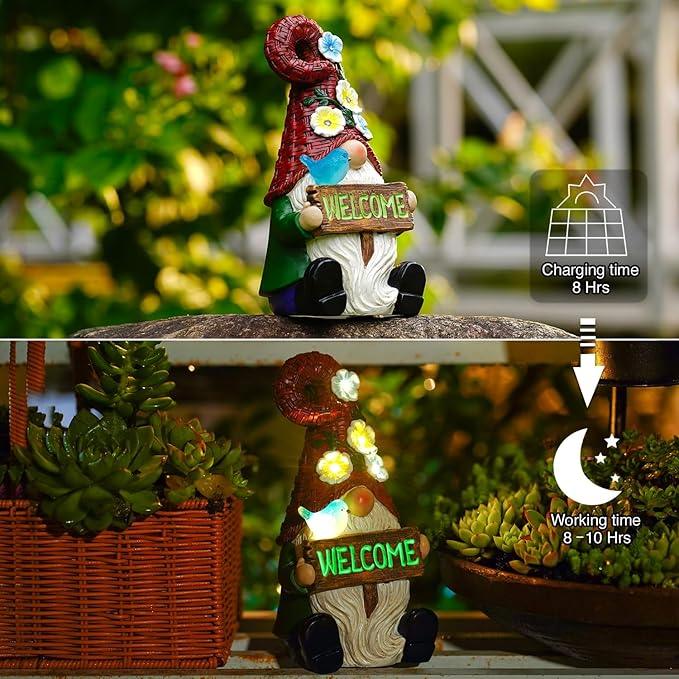 Goodeco Sitting Gnome with Welcome Sign - Garden Gnomes Outdoor with Solar Bird & LED Lights, Ideal Gifts for Mom or Women, Housewarming Gnome Decorations