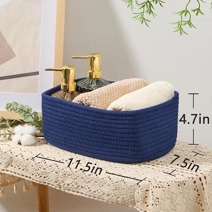 Small Storage Baskets for Organizing | Closet Organizer Bins | Shelf Toy Basket | Woven Rope Baskets | Cube Decorative Box | Shallow Basket | 11.5x7.5x4.7” | 4 Packs Navy Blue