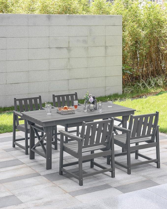 HDPE Patio Dining Set, 5-Piece Outdoor Table and Chairs with Umbrella Hole, Modern Outdoor Dining Set for 4, HDPE Outdoor Patio Furniture Dining Sets for Deck, Poolside, Porch, Smoke Gray