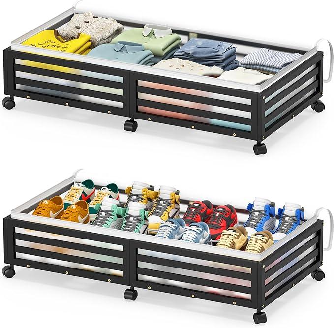 Under Bed Storage Containers With Wheels - 2 Pcs Large Bamboo Wood Rolling Underbed Shoe Storage Bins With Dust Bags for Clothes Blankets, Duvet Covers Snacks Toys (Black)