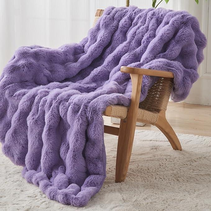 Lotus Karen Faux Fur Throw Blanket Purple - Big Bubble Rabbit Fluff Blanket for Couch Bed Sofa,Softest Fluffy Fuzzy Cozy Blanket,Thick Furry Plush Shaggy Warm Blankets for Women,60x80 Inches