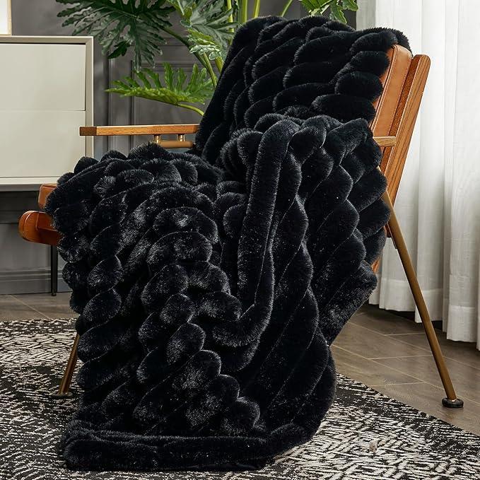 Cozy Bliss Faux Fur Throw Blanket for Couch, Cozy Warm Plush Striped Blanket for Sofa Bedroom Living Room,50 * 60 Inches Black