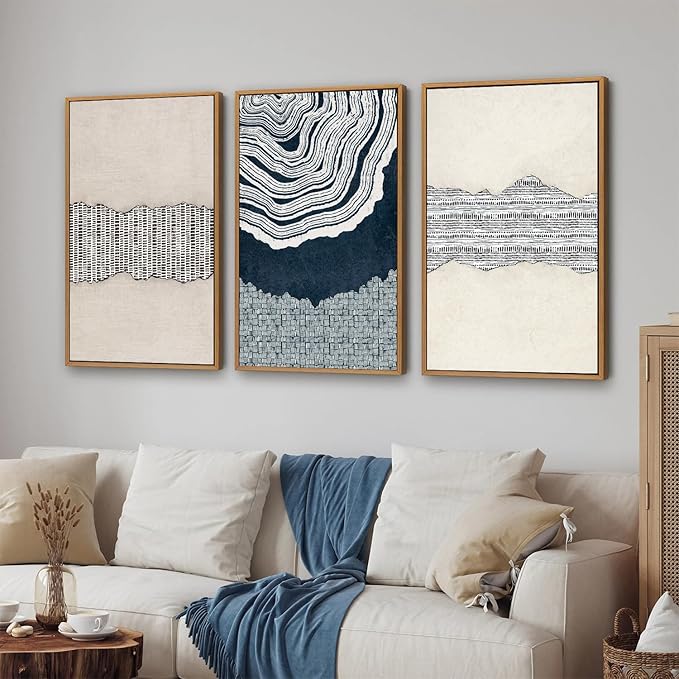 SIGNINART Blue and Beige Framed Canvas Wall Art Set, Neutral Abstract Tree Ring Wall Decor, Minimalist Dots and Line Artwork, Geometric Pattern Art Paintings for Living Room, Bedroom, Office 16