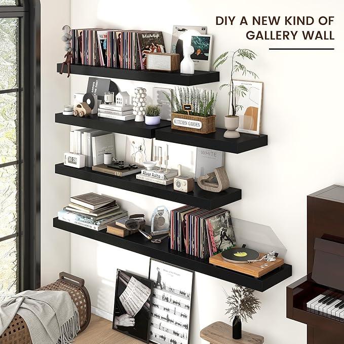 Floating Shelves - 2 Large Wall Mounted Shelves with Invisible Brackets, Long Wood Floating Wall Shelf for Living Room, Bedroom, Kitchen (Black, 36