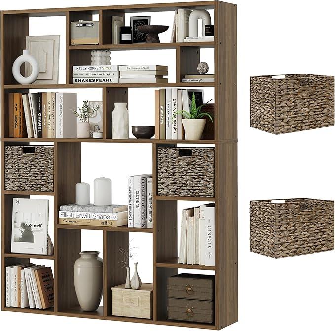 71” Tall Wooden Bookcase 6-Tier Large Bookshelves with 2 Woven Baskets, 55
