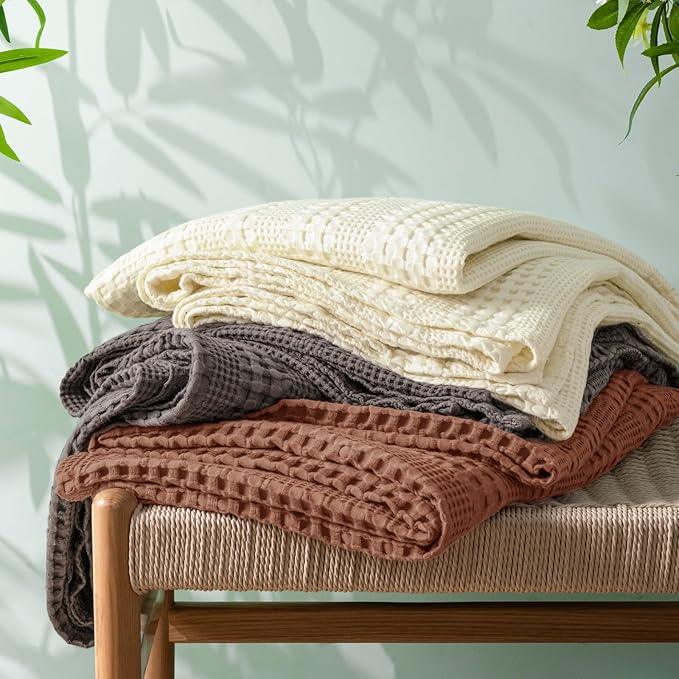 PHF Cooling Waffle Blanket Twin Size, Lightweight 60% Rayon Derived from Bamboo & 40% Cotton Breathable Blanket for Hot Sleepers, Soft and Luxury for Bed Couch and Sofa, 66