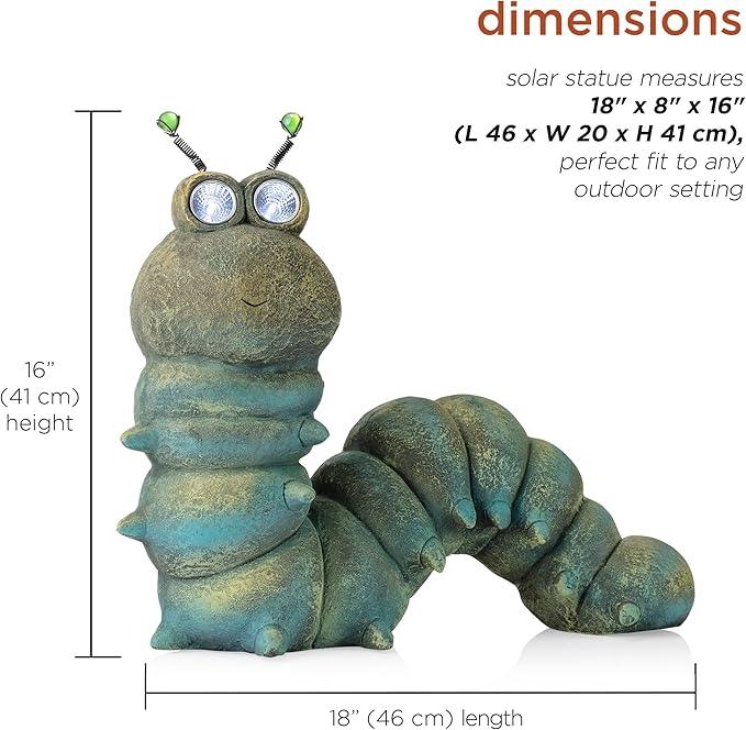 Alpine Corporation FCC121SLR Outdoor Solar Powered Garden Caterpillar Statue with LED Lights, LED Solar Garden Décor, 16