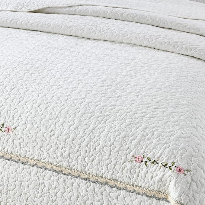 MarCielo 3-Piece 100% Cotton Oversized Bedspread Lightweight Quilt Coverlet Embroidery Farmhouse Bedding Set (Sakura White, Oversized King (118