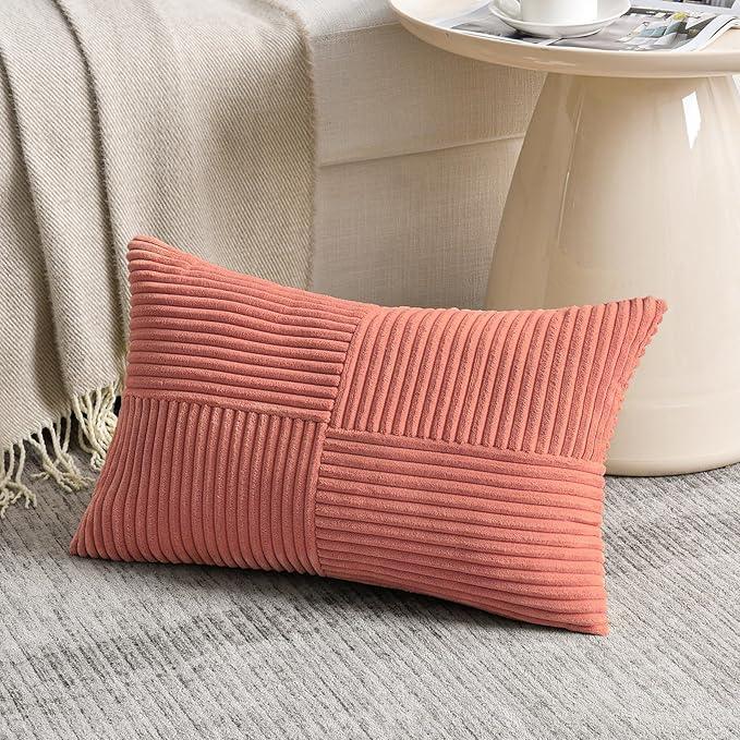 Fancy Homi 2 Packs Coral Lumbar Decorative Throw Pillow Covers 12x20 Inch for Living Room Couch, Rustic Farmhouse Boho Home Decor, Soft Striped Corduroy Rectangle Accent Peach Cushion Case 30x50 cm