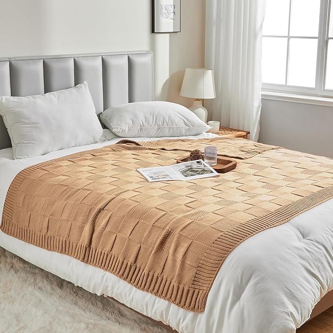 CozeCube Check Knit Throw Blanket, Beige Checkered Throw for Couch, Decorative Christmas Soft Cozy Warm Knitted Blanket for Bed Sofa Living Room, 60