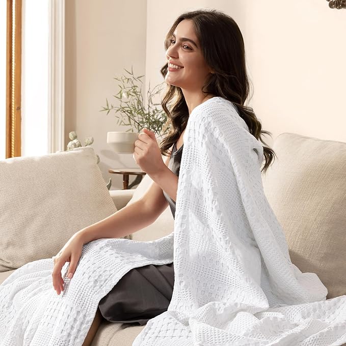 PHF Cooling Waffle Blanket Twin Size, Lightweight 60% Rayon Derived Bamboo & 40% Cotton Breathable Blanket for Hot Sleepers, Soft and Luxury for Bed Couch and Sofa, 66