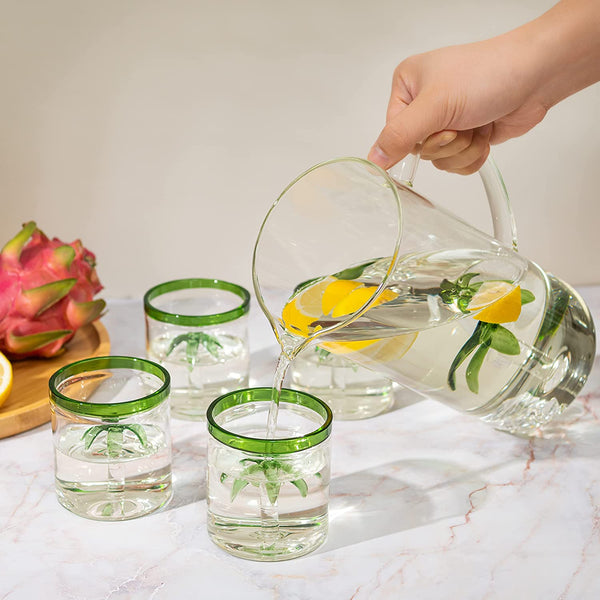 Palm Tree Pitcher & 4 Glasses Set Decanter with 4 Glasses 9oz by The Wine Savant - Elegant Glass Set, Great for Water Iced Tea, Sangria, Lemonade, and More! 1300ml 9