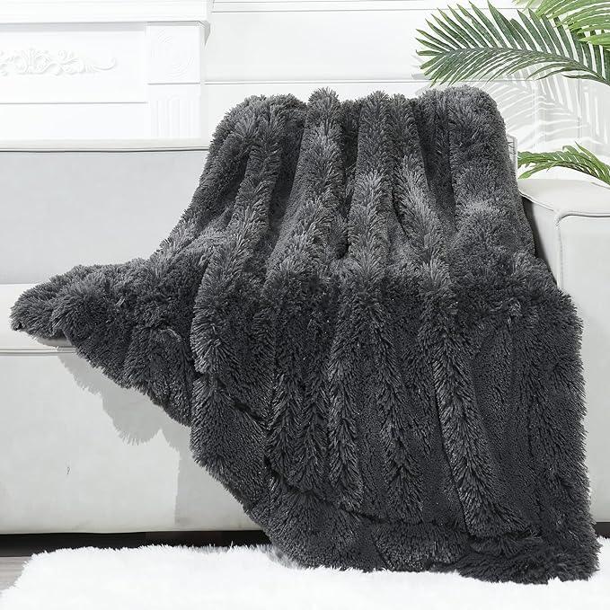 GONAAP Fuzzy Faux Fur Throw Blanket Twin Size Dark Grey Super Soft Cozy Plush Fuzzy Shaggy Blanket for Couch Sofa Bed (Dark Grey, Twin(60