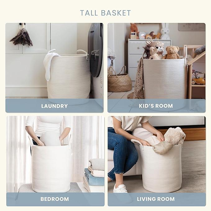 OrganiHaus White Laundry Basket 15x18, Cotton Rope Basket for Blankets, Tall Woven Baskets for Storage, Large Basket for Toys, Soft Blanket Holder Bin, Boho Blanket Basket for Living Room