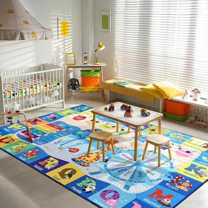 Kids Rugs for Playroom Washable, Educational and Fun Learning Rugs with ABC Alphabet Animals Shapes, Baby Toddler Children's Play Mat for Bedroom Classroom Nursery, 3x5 Feet, Blue
