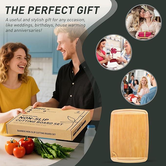 Bamboo Cutting Board Set Non Slip Feet with Holder Over Sink Wooden Cutting Boards Eating Grilling Biard Cutboard Biard Chtting Woodcutting Cuttingboards Voard Oard Bord 12x18 11 x 14 Baords Baord