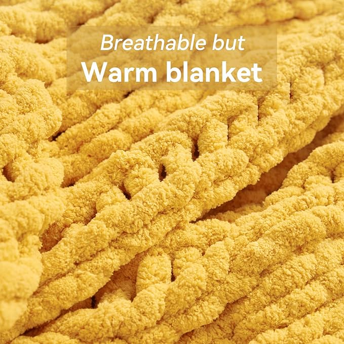 Chunky Knit Throw Blanket, 50''*60'' Knitted Throw Chenille Yarn for Bed Couch, Handmade Yellow Crochet Big Thick Blanket, Machine Washable Cute Comfy Blanket for Home Decor