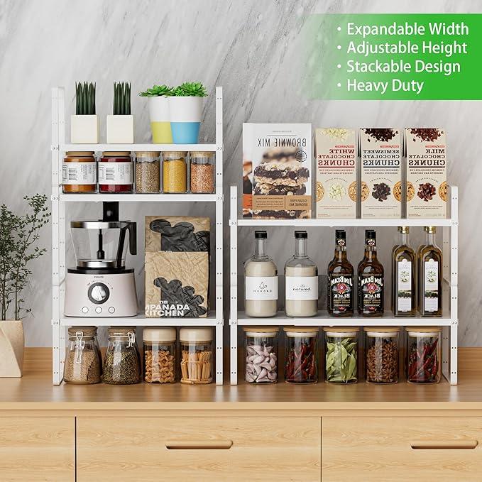 Expandable Cabinet Storage Shelf Stackable Organizer Rack for Kitchen Bathroom Pantry Spice Cupboard Countertop Home Office Desk Heavy Duty Nonslip White Small 2 PACK