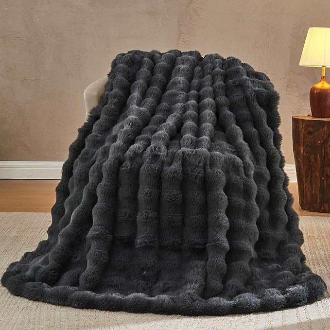 Lotus Karen Faux Fur Throw Blanket Dark Gray - Big Bubble Rabbit Fluff Blanket for Couch, Small Fluffy Fuzzy Cozy Blanket, Thick Furry Plush Shaggy Blankets, 50x60 Inches