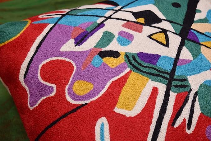 Kandinsky Modern Couch Pillow Cover - Red Painting | Abstract Toss Pillow | Modern Chair Cushion| Contemporary Pillow | Mid Century Chair Cushion | Hand Embroidered Pillow | Wool Size 18x18