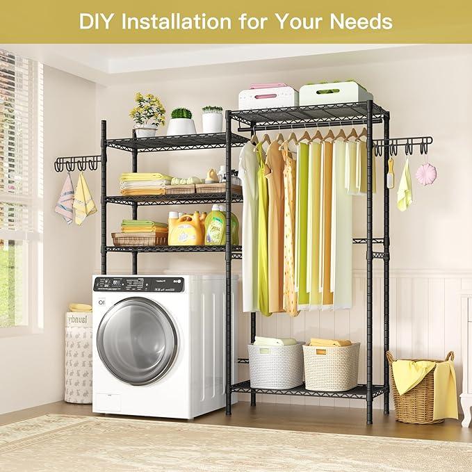 Ulif U5 Over the Washer and Dryer Storage Shelf, Laundry Room Space Saver Bathroom Storage and Organizer Rack for Hanging Towels and Drying Clothes with 5 Wire Shelves, 58.2