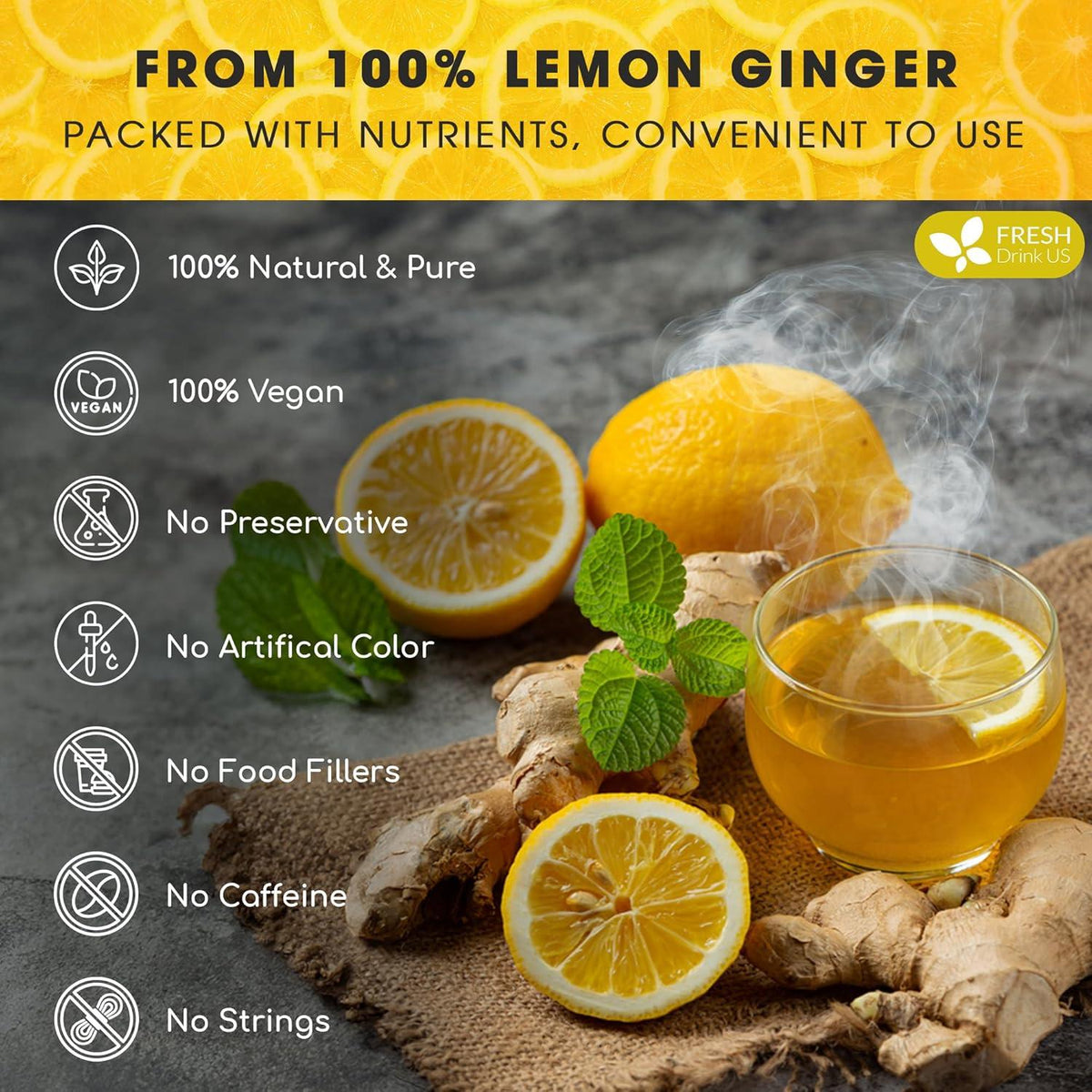 Premium Lemon Ginger Tea Bag, Eco-conscious Tea Bags. Lemon Ginger Herbal Tea. No Sugar, No Caffeine, No Gluten, Vegan.