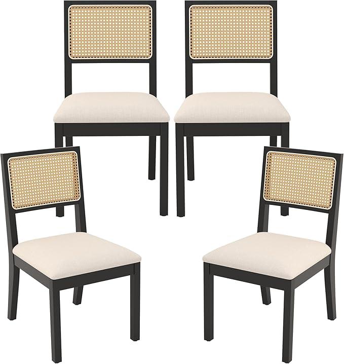 Westice Rattan Dining Chairs Set of 4, Farmhouse Natural Dining Room Chairs with Upholstered Cushion, Wood Armless Chairs for Kitchen/Restaurant, Black